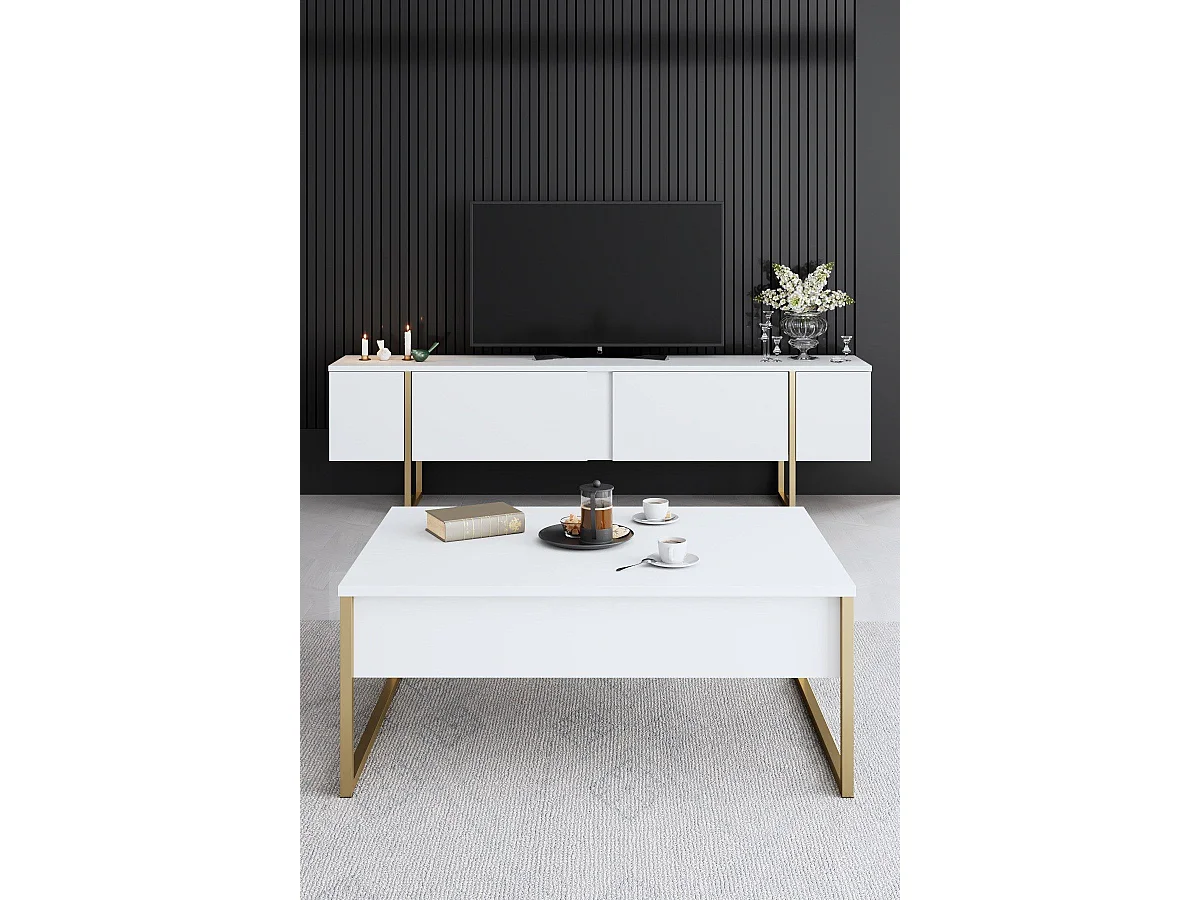 Ensemble meuble de salon 3 pièces Sibylle Métal Or et Bois Blanc