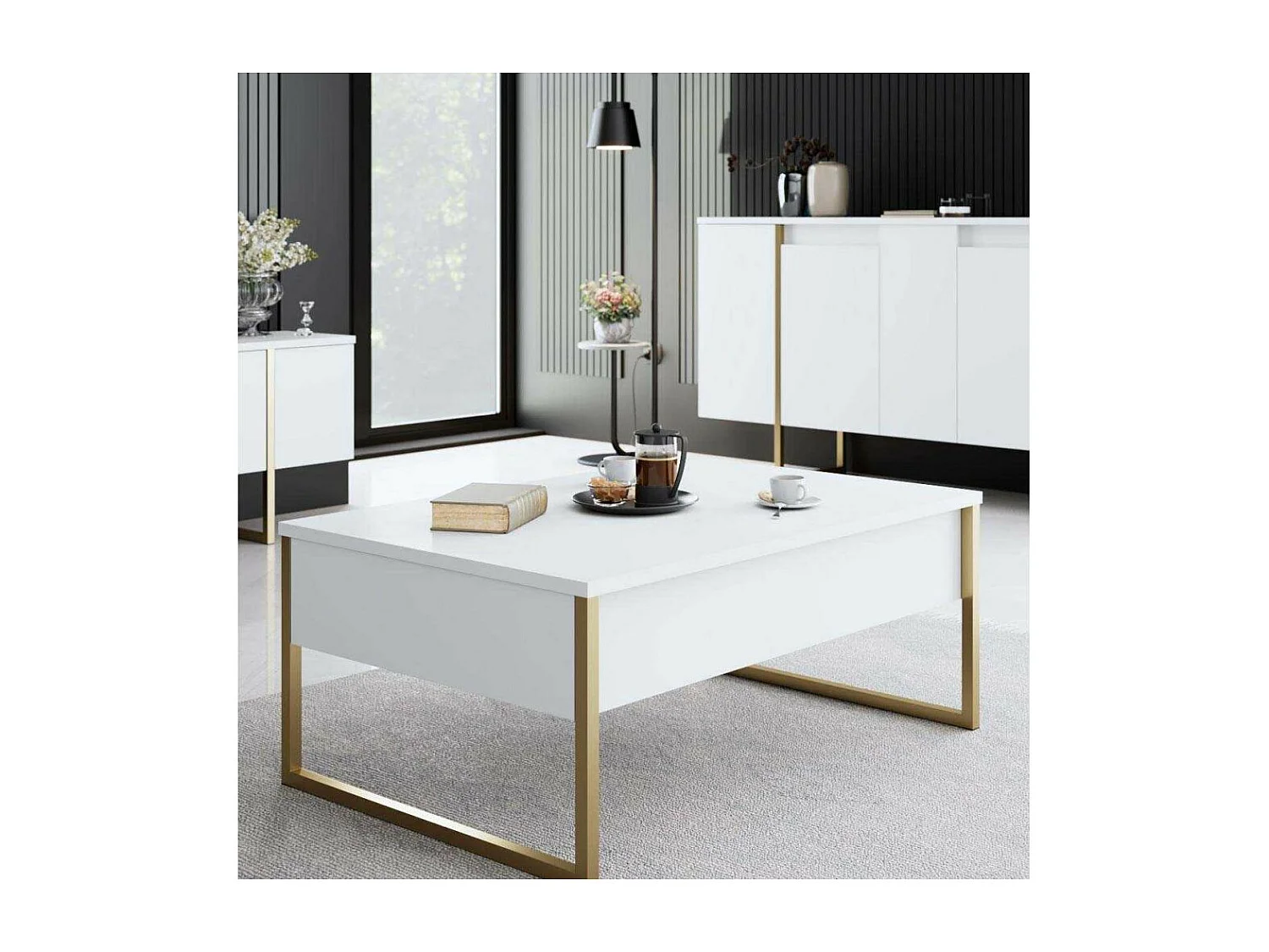 Ensemble meuble de salon 3 pièces Sibylle Métal Or et Bois Blanc