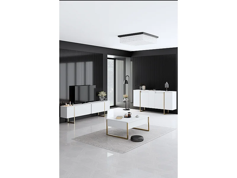 Ensemble meuble de salon 3 pièces Sibylle Métal Or et Bois Blanc