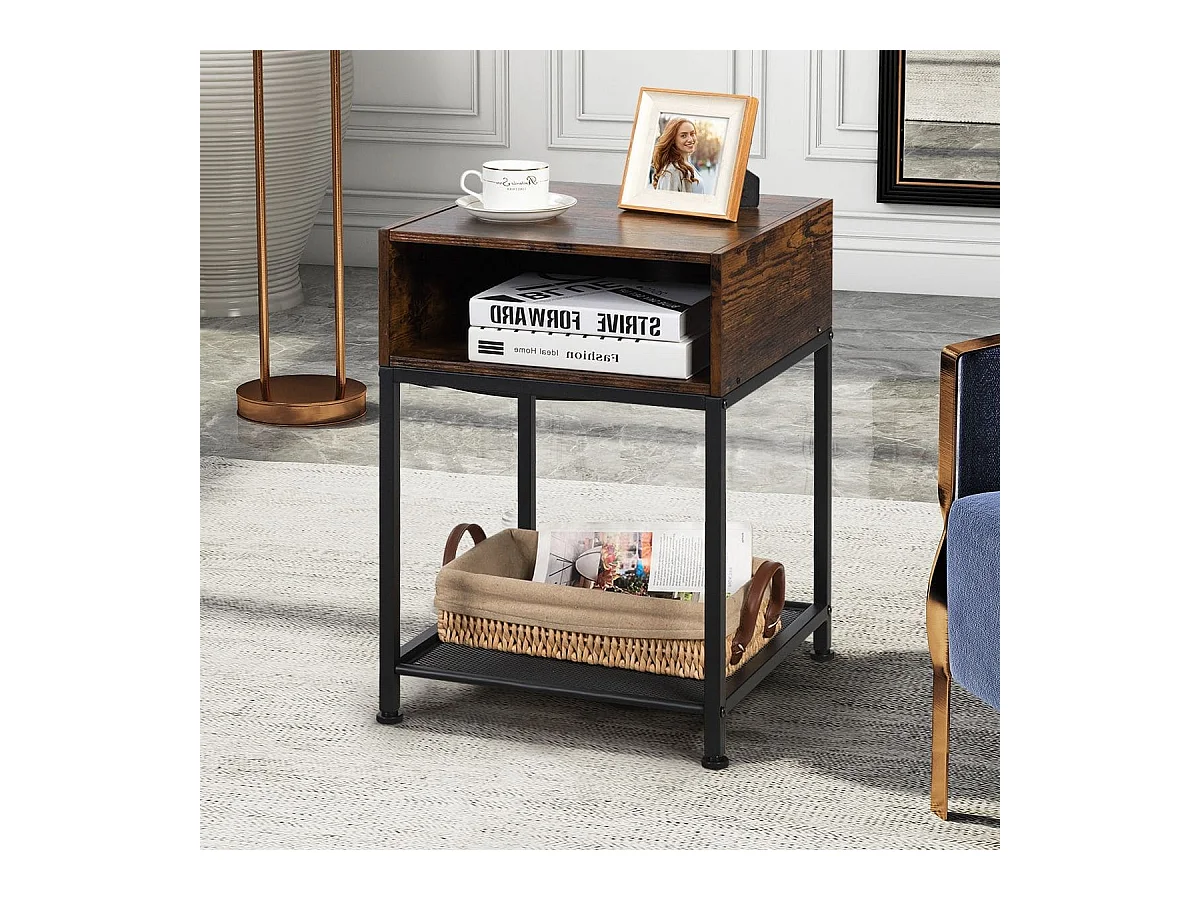 Table de Chevet Industrielle avec 1 Étagère et 1 Compartiment Ouvert Marron+Noir