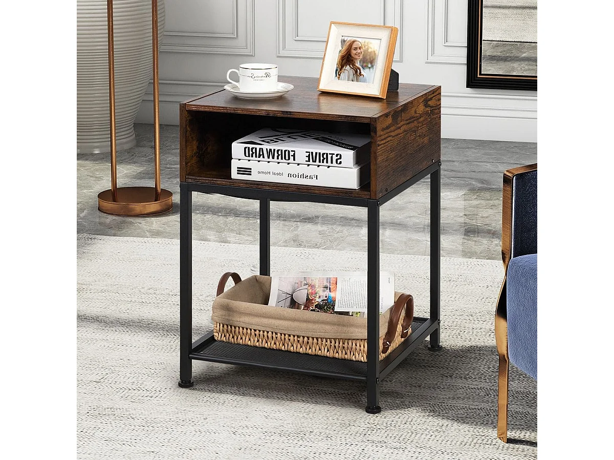 Table de Chevet Industrielle avec 1 Étagère et 1 Compartiment Ouvert Marron+Noir