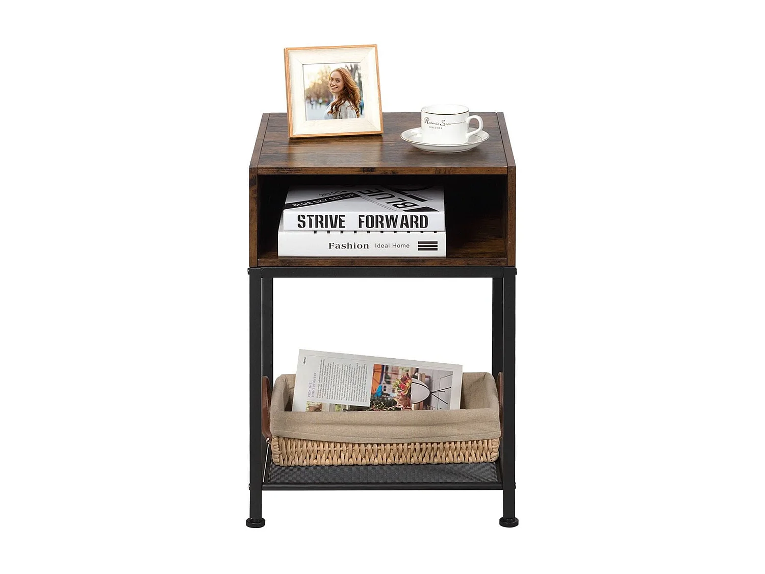 Table de Chevet Industrielle avec 1 Étagère et 1 Compartiment Ouvert Marron+Noir