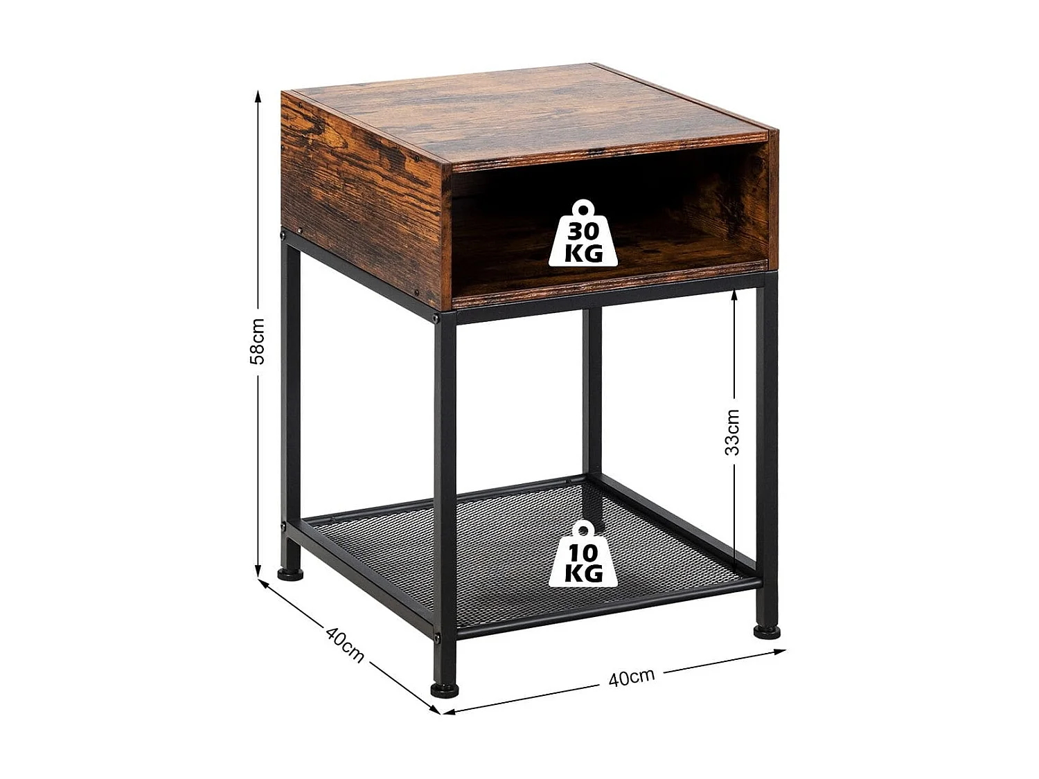 Table de Chevet Industrielle avec 1 Étagère et 1 Compartiment Ouvert Marron+Noir