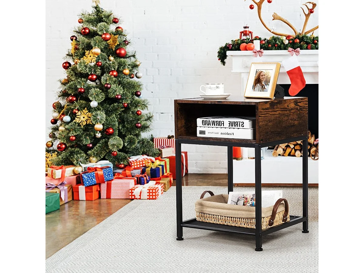 Table de Chevet Industrielle avec 1 Étagère et 1 Compartiment Ouvert Marron+Noir