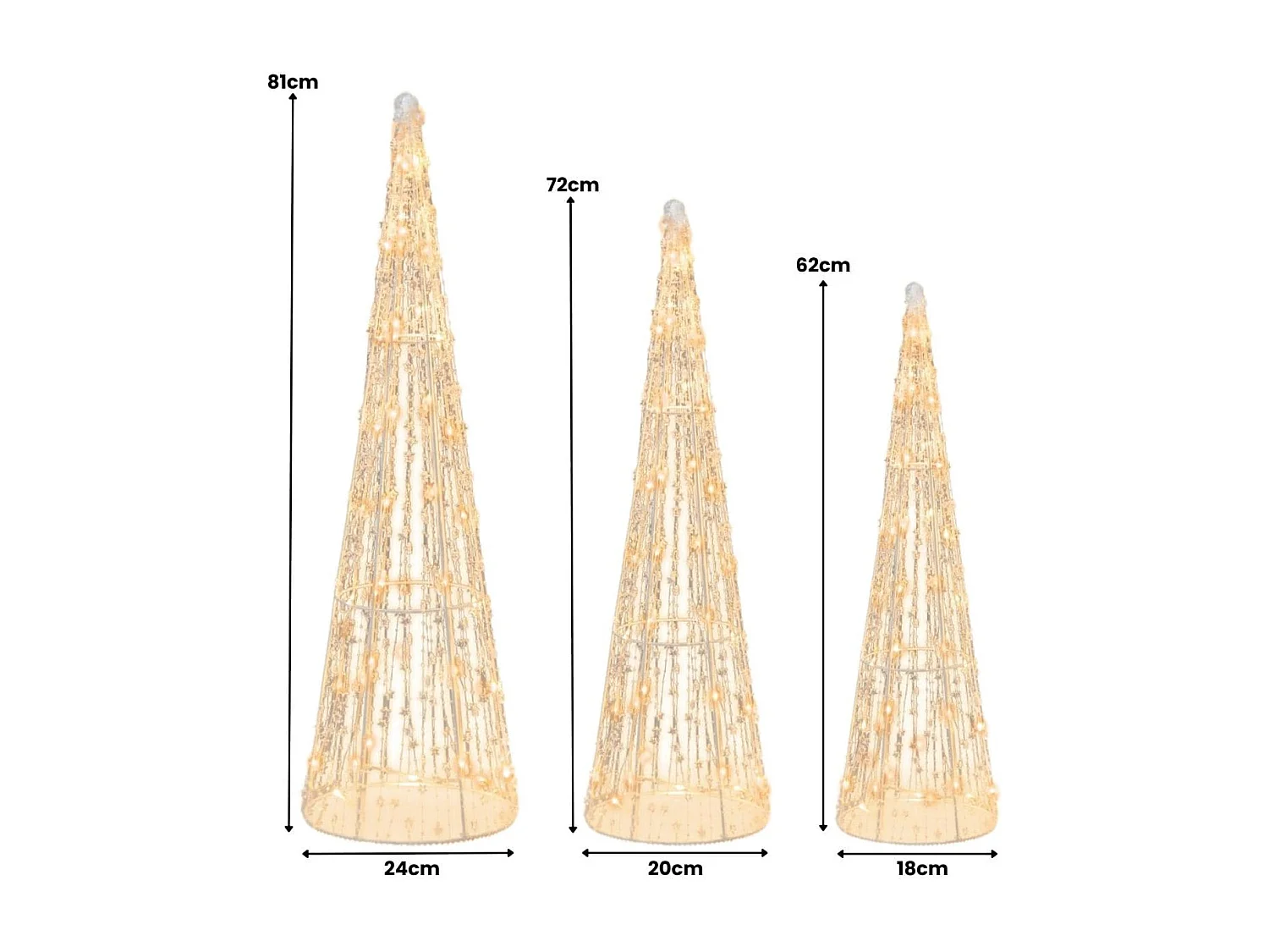 Set di 3 alberi di Natale a forma di cono con luci a LED, Set di alberi conici decorativi per Natale