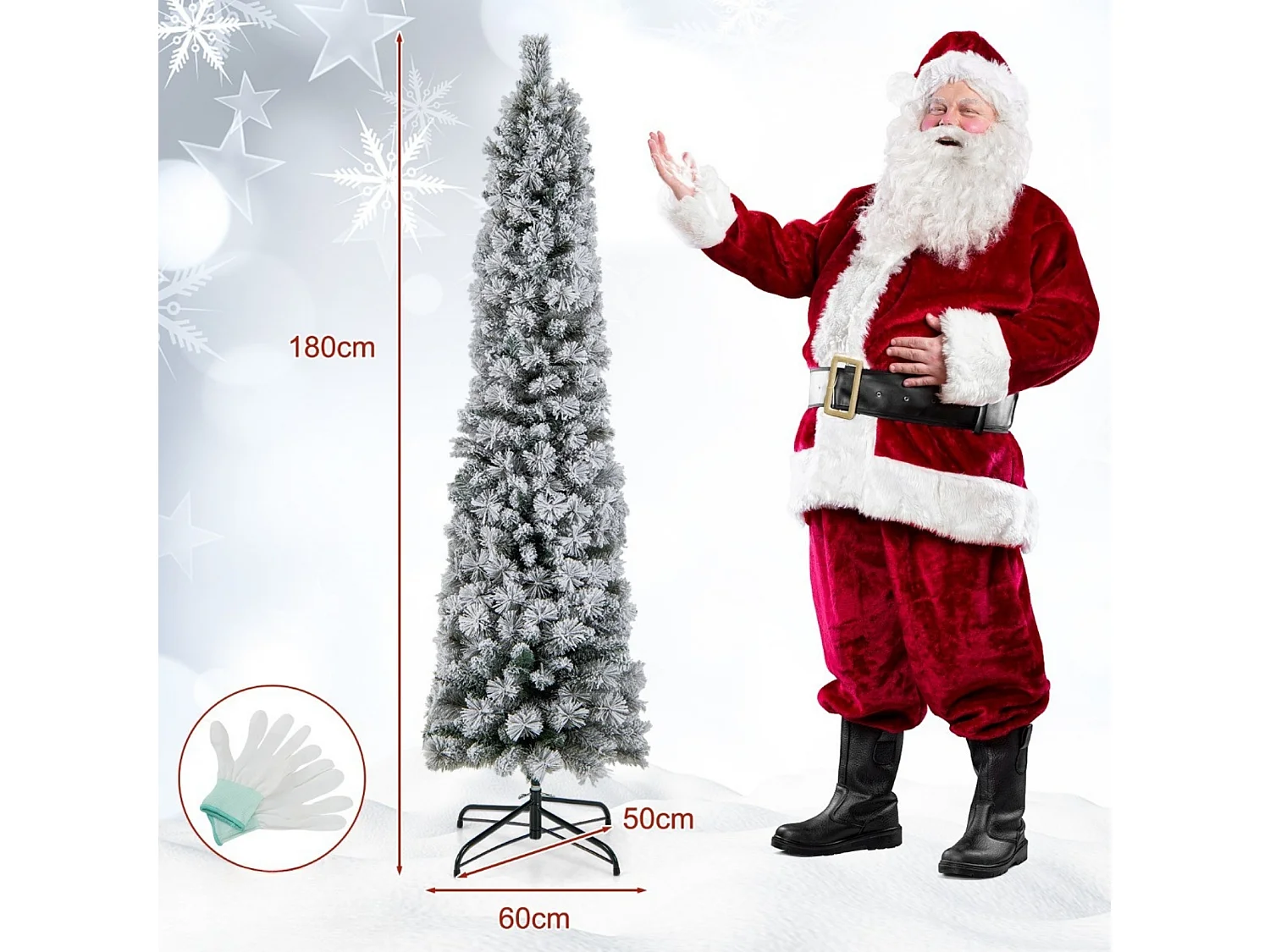 Albero di Natale artificiale slanciato con luci LED e neve artificiale, 180 cm