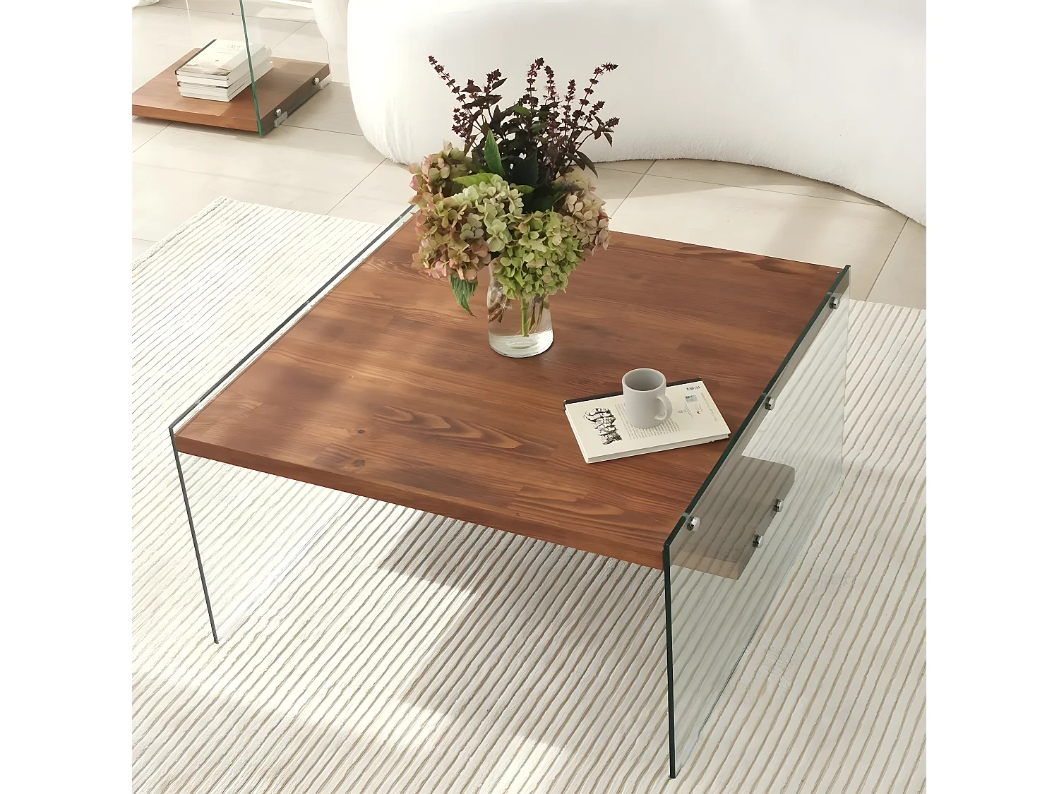 Table basse carré Wako 75x75cm Bois massif foncé et Verre Transparent