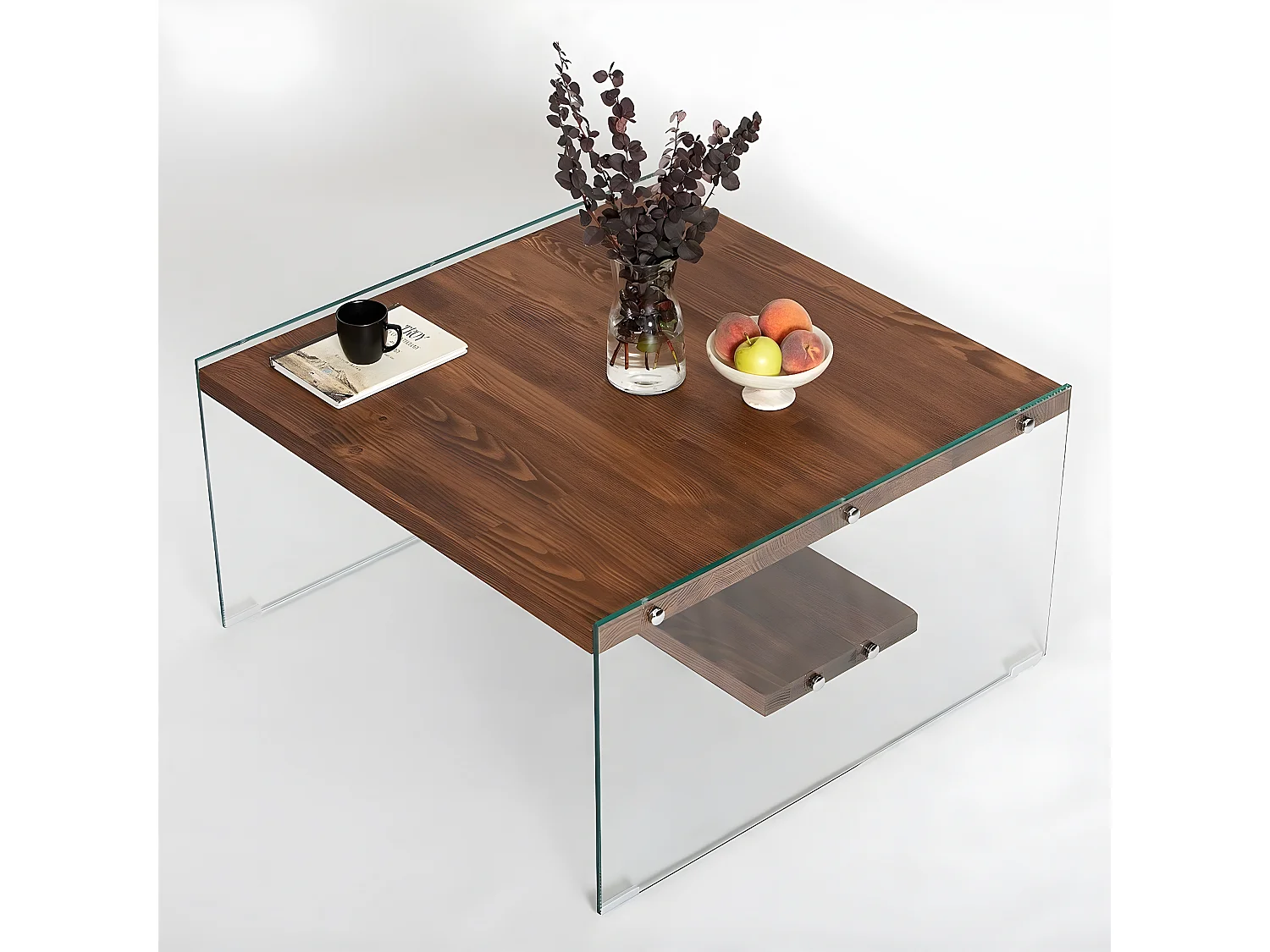 Table basse carré Wako 75x75cm Bois massif foncé et Verre Transparent