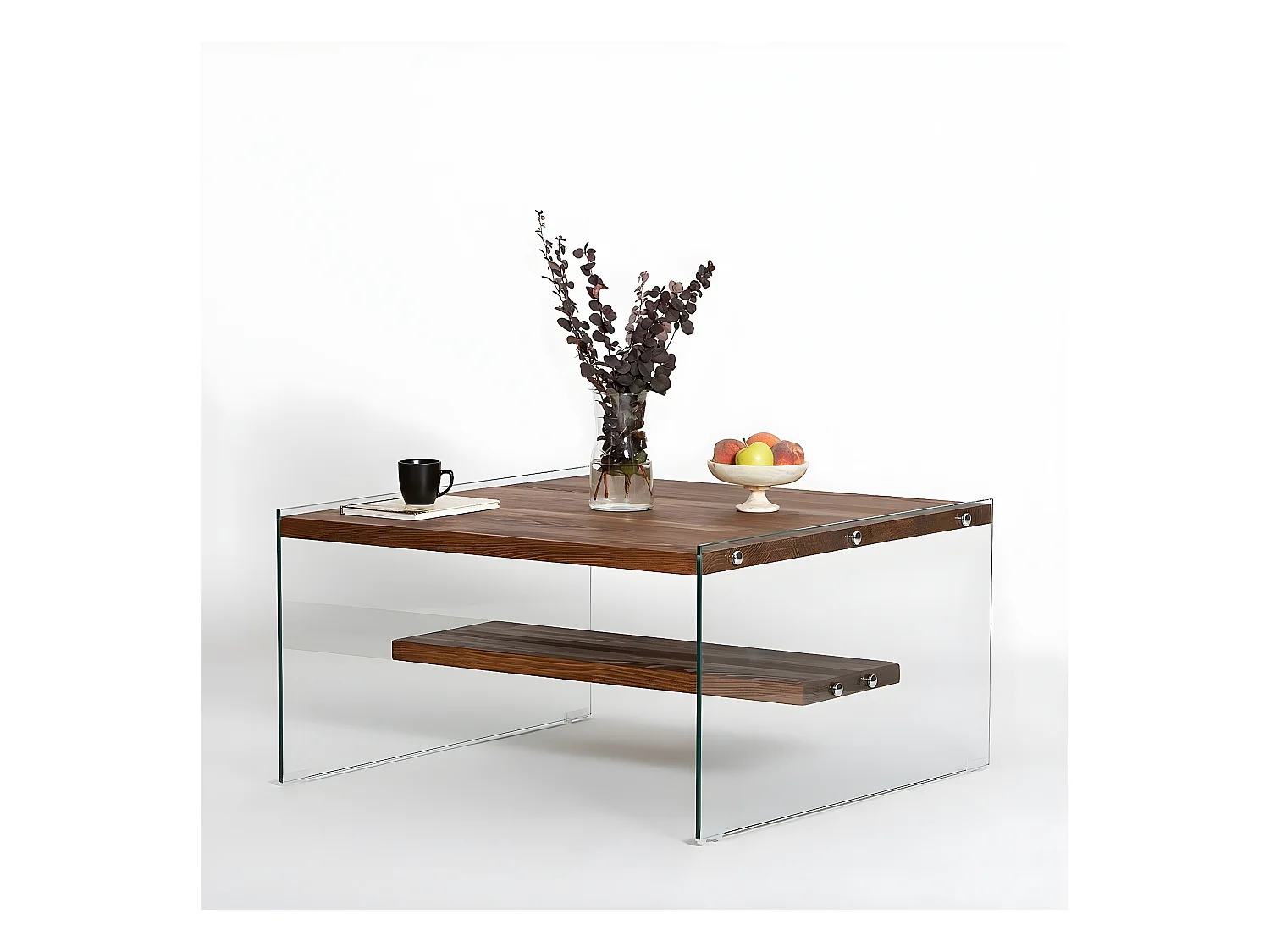 Table basse carré Wako 75x75cm Bois massif foncé et Verre Transparent