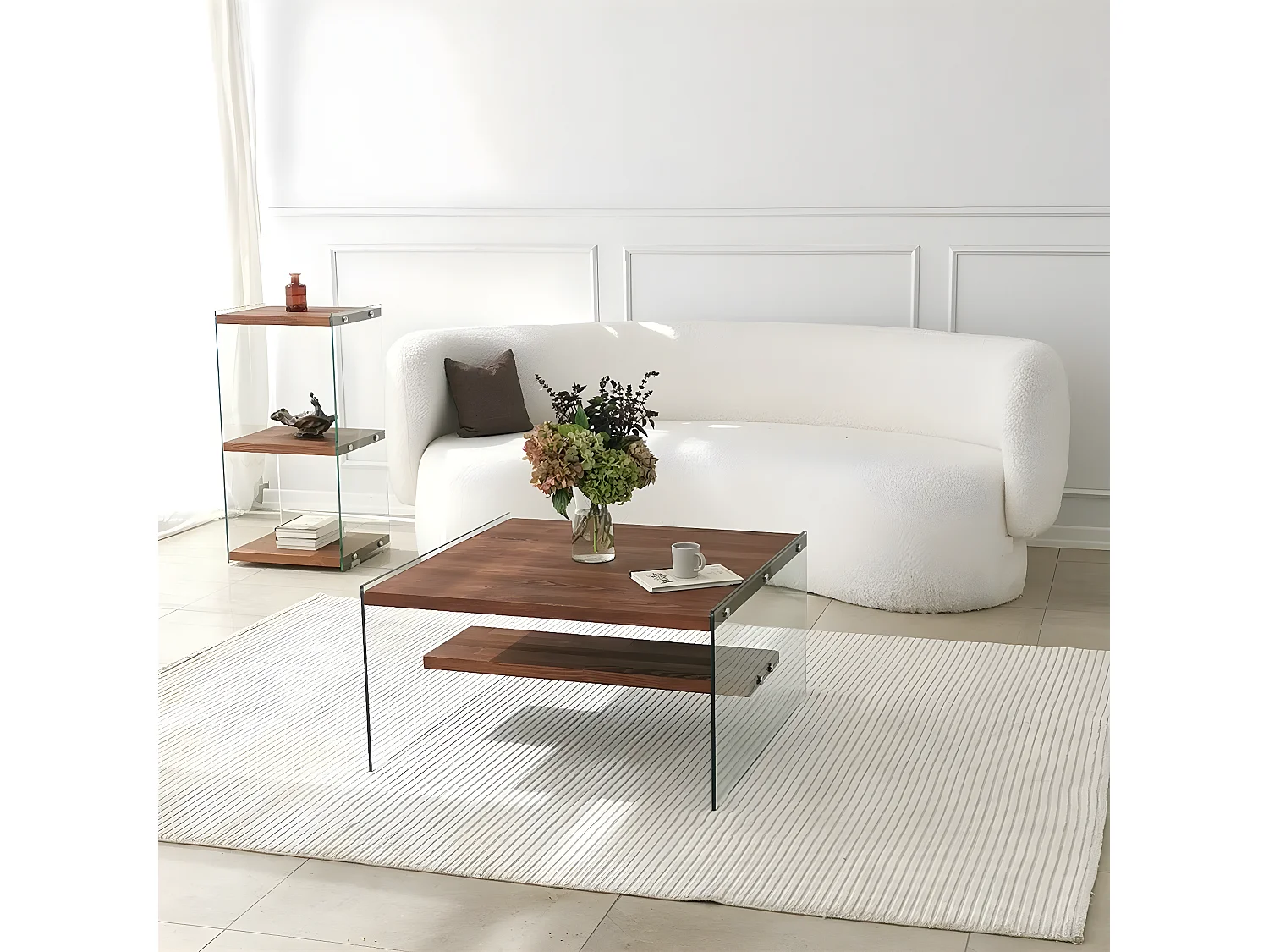 Table basse carré Wako 75x75cm Bois massif foncé et Verre Transparent