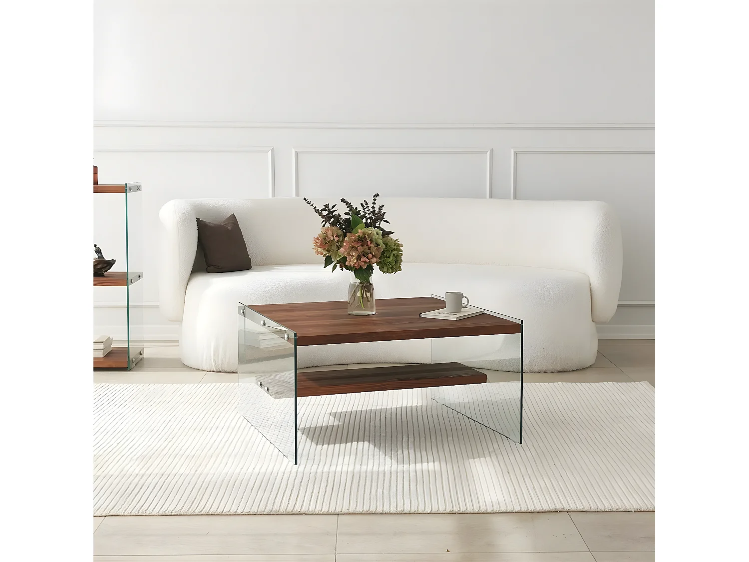Table basse carré Wako 75x75cm Bois massif foncé et Verre Transparent