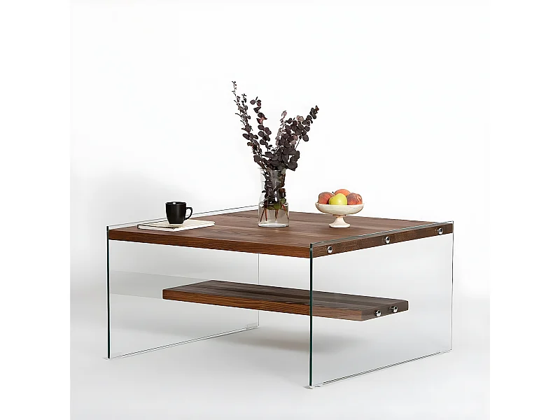Table basse carré Wako 75x75cm Bois massif foncé et Verre Transparent