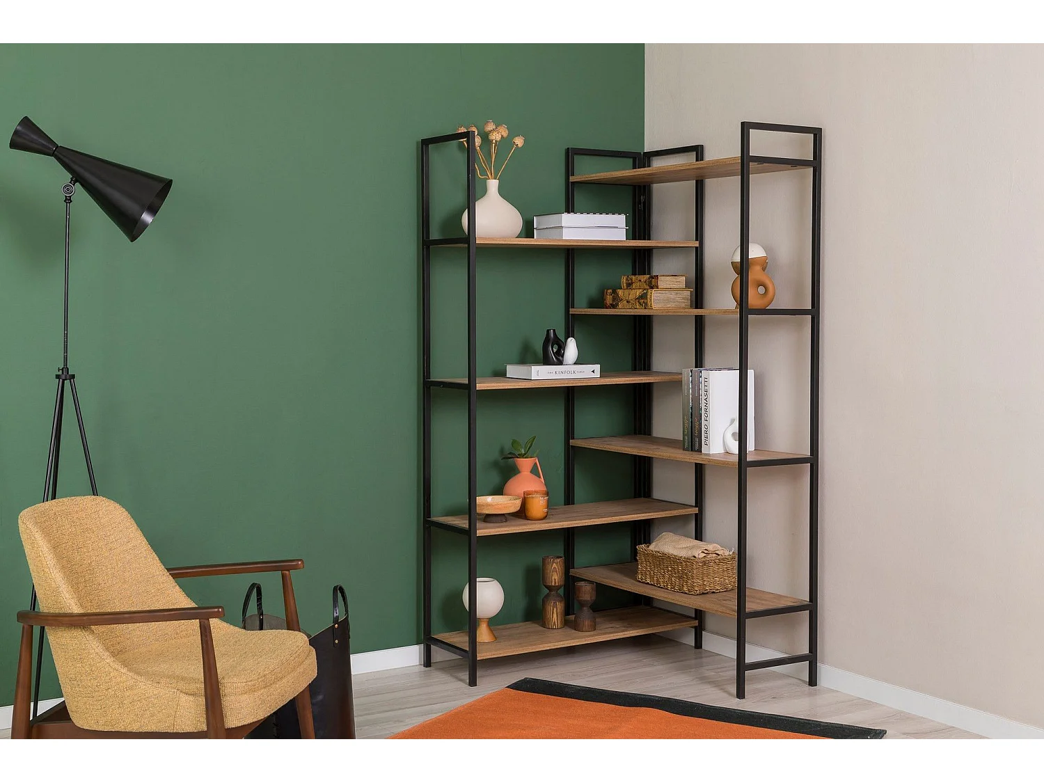 Elegantes Regal aus Metall und Spanplatte – 94 x 177 x 94 cm – Atlantische Kiefer und Schwarz