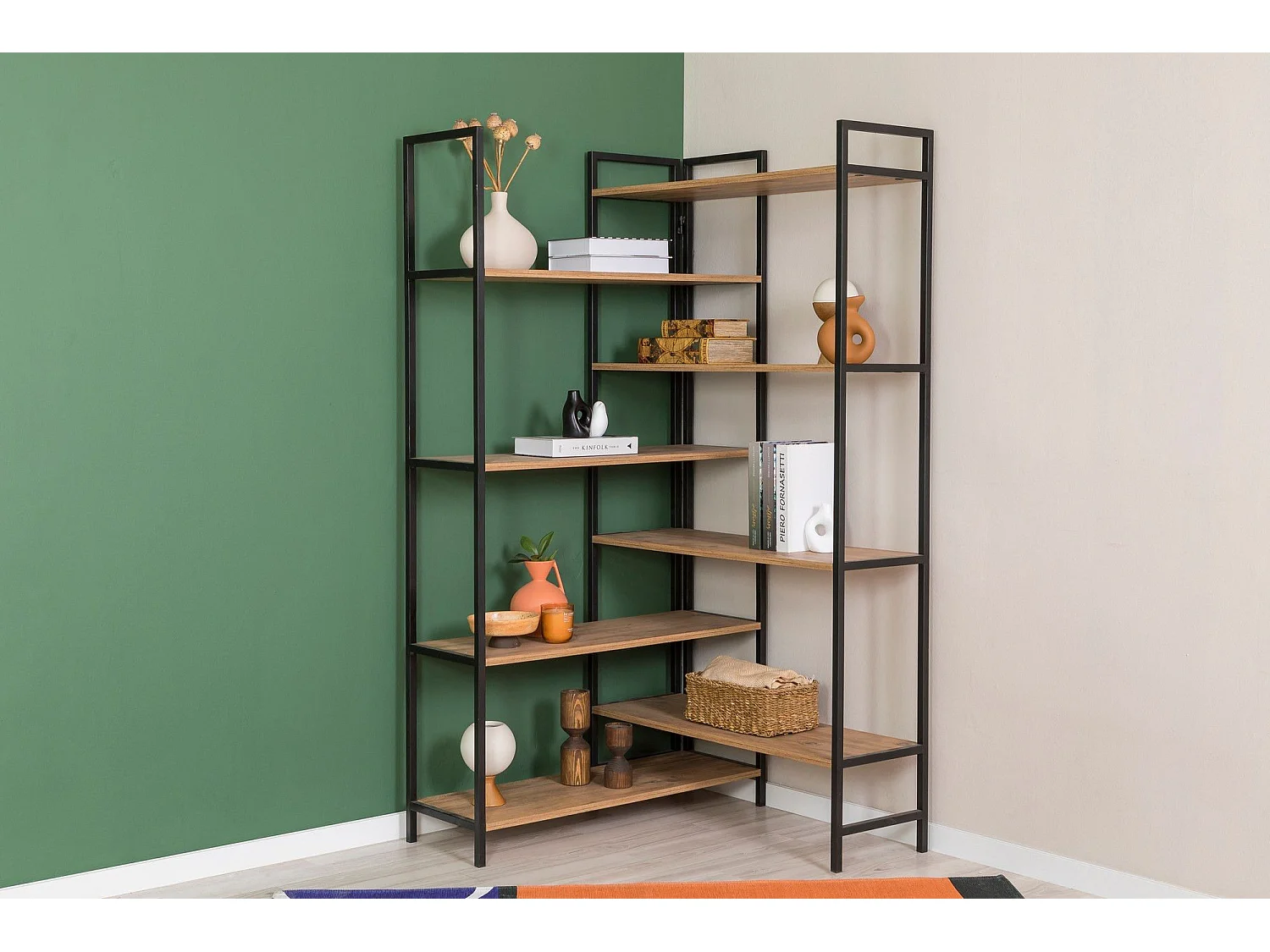 Elegantes Regal aus Metall und Spanplatte – 94 x 177 x 94 cm – Atlantische Kiefer und Schwarz