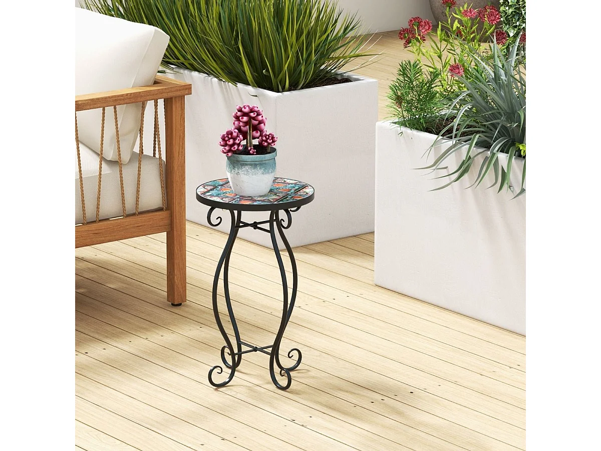 Support Pots de Fleurs Plateau en Céramique à Motifs Mosaïque Florale Cadre en Métal Porte Plante Intérieur&Extérieur