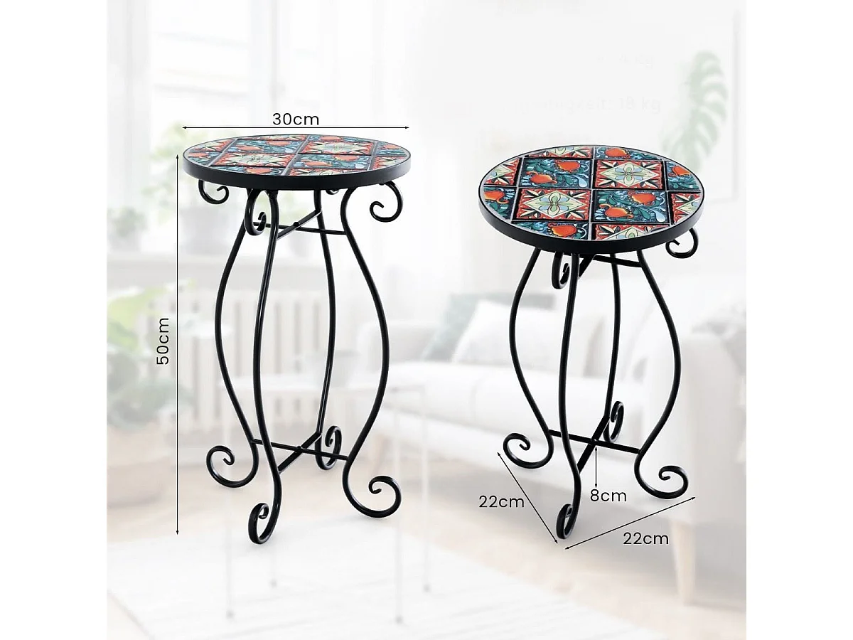 Support Pots de Fleurs Plateau en Céramique à Motifs Mosaïque Florale Cadre en Métal Porte Plante Intérieur&Extérieur