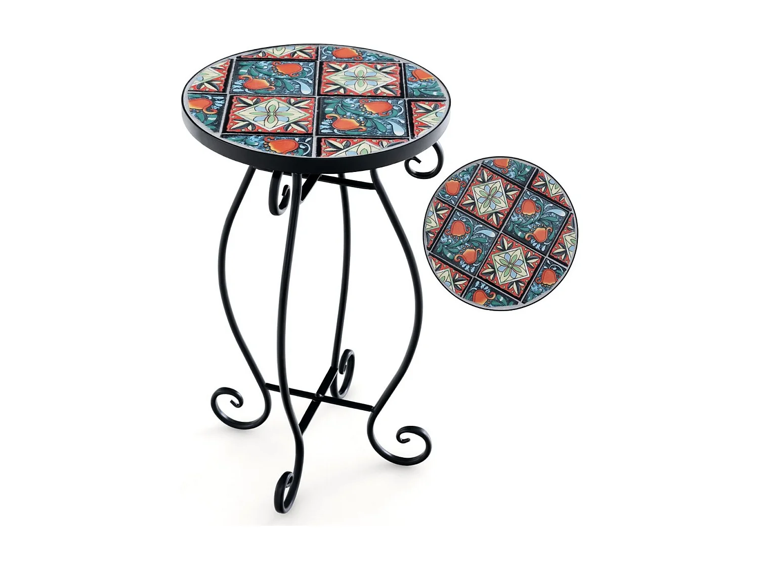 Support Pots de Fleurs Plateau en Céramique à Motifs Mosaïque Florale Cadre en Métal Porte Plante Intérieur&Extérieur