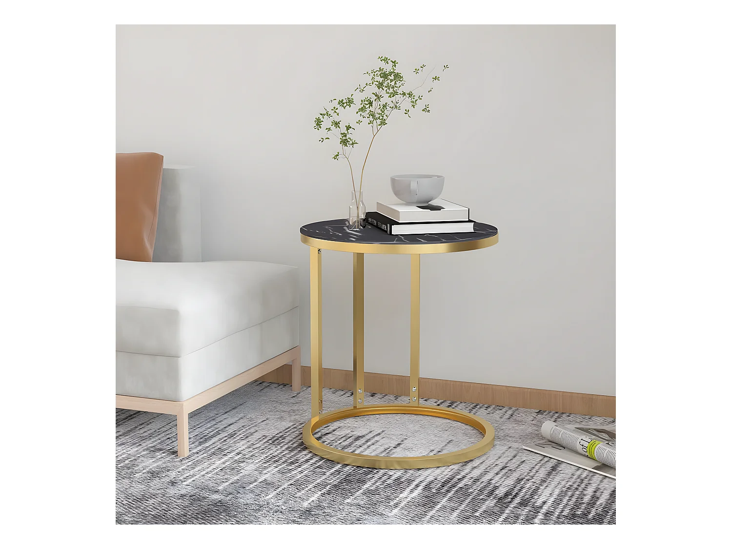 Mesa de apoio 45 cm dourada e vidro temperado preto mármore