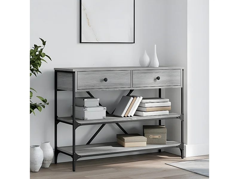 Mesa consola con cajones estantes madera ingeniería Sonoma gris