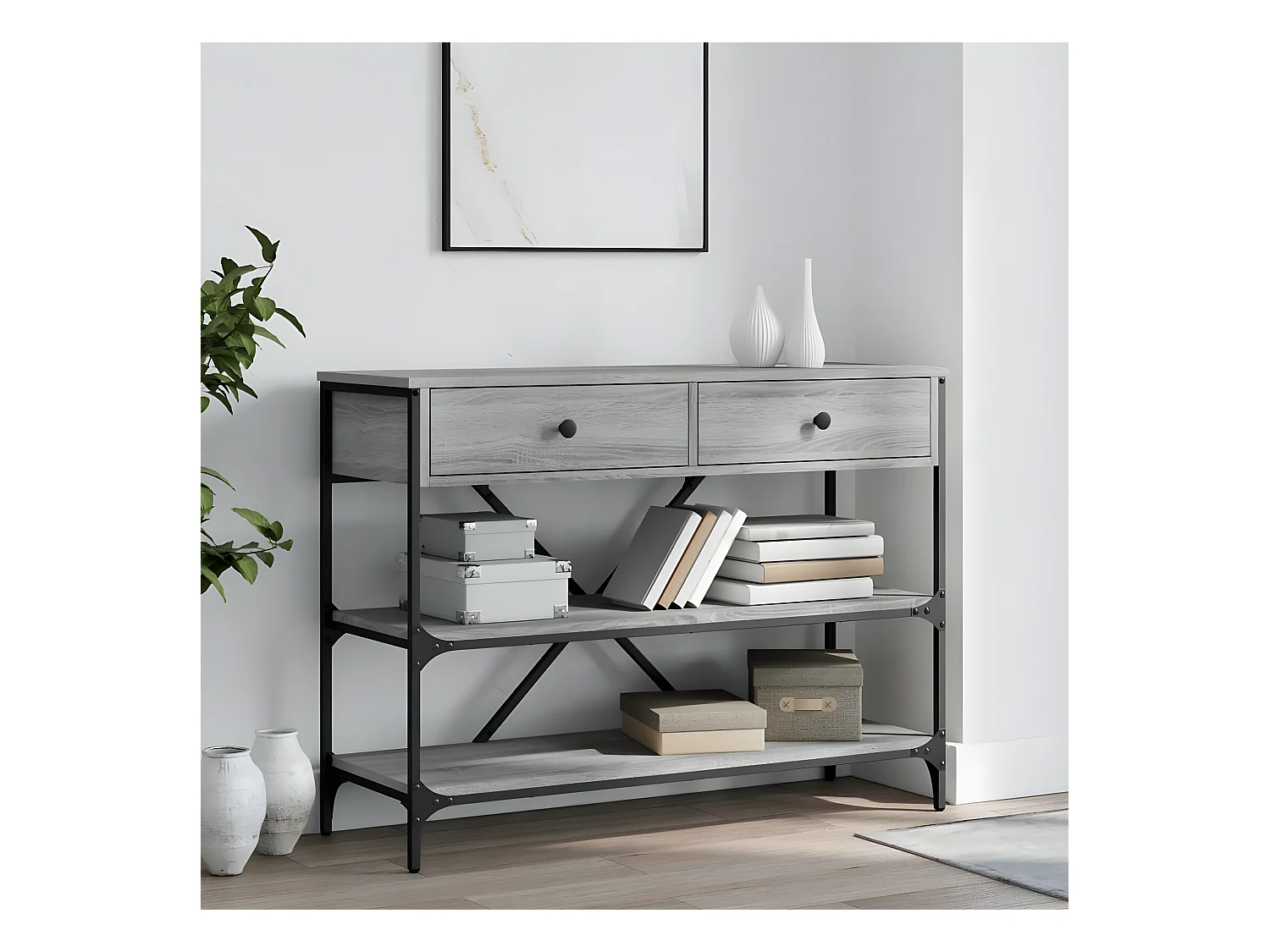 Table console avec tiroirs et étagères gris bois d'ingénierie