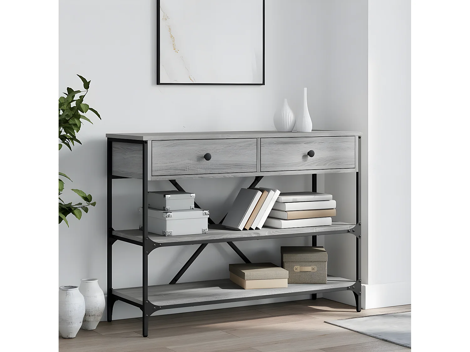 Table console avec tiroirs et étagères gris bois d'ingénierie