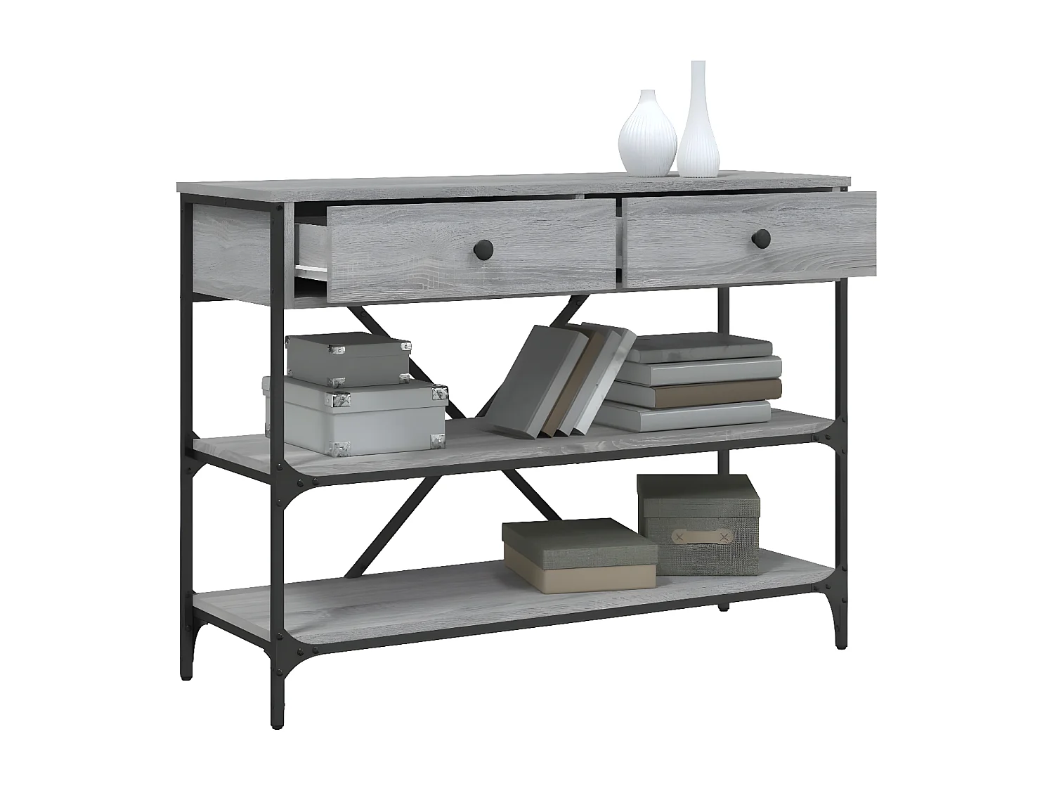 Table console avec tiroirs et étagères gris bois d'ingénierie
