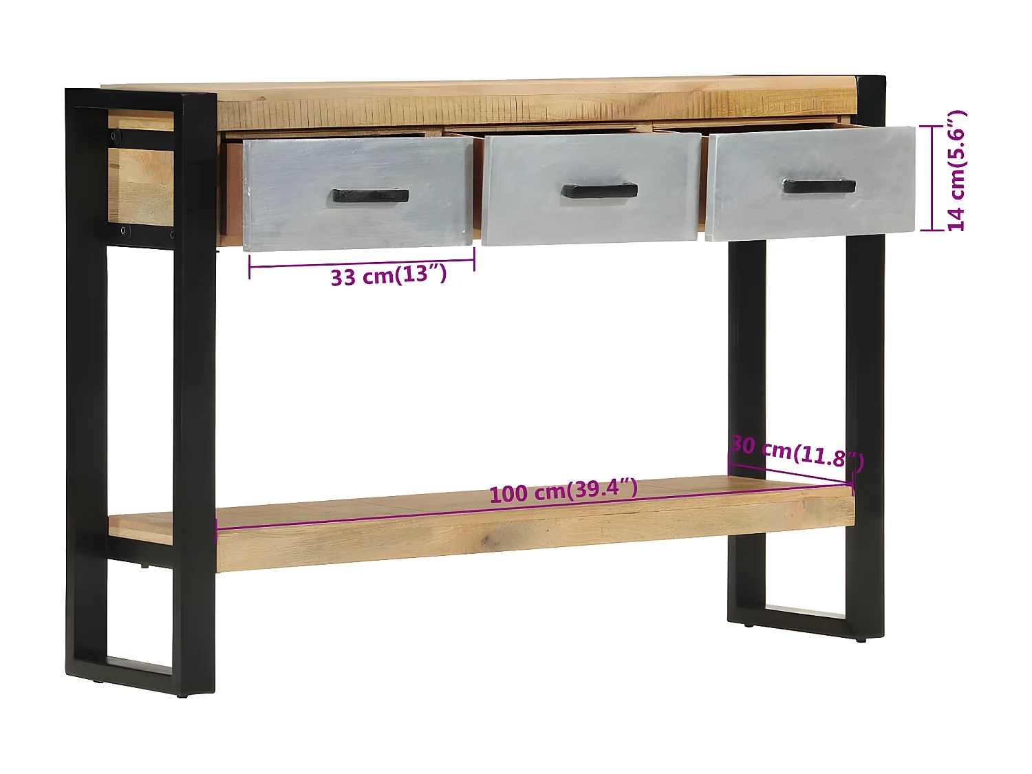 Table console 110x30x76 cm bois de manguier massif brut