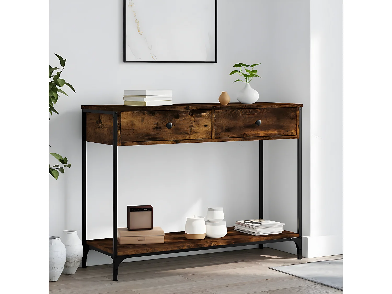 Table console chêne fumé 100x34,5x75 cm bois d'ingénierie