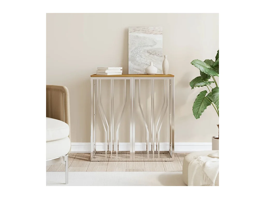 Table console argenté acier inoxydable et bois massif d'acacia