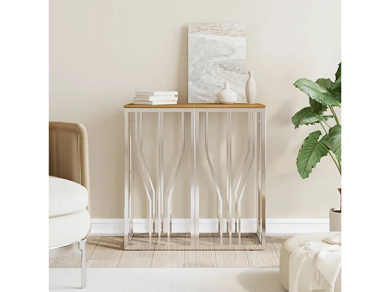 Table console argenté acier inoxydable et bois massif d'acacia