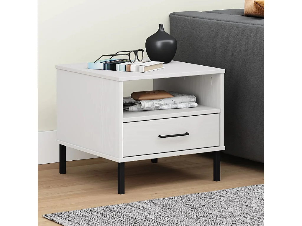 Table de chevet avec pieds en métal Blanc Bois pin massif OSLO