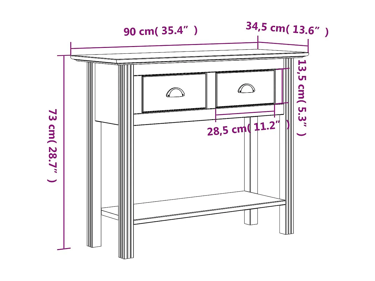 Mesa consola BODO madera maciza de pino marrón 90x34,5x73 cm