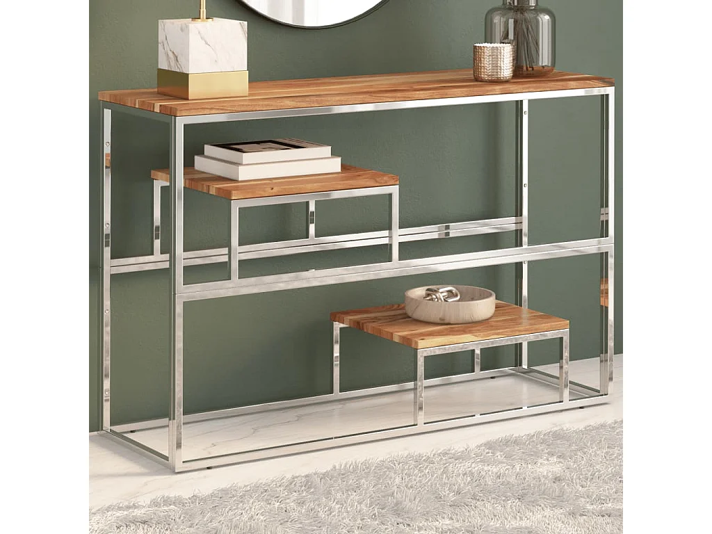 Table console argenté acier inoxydable et bois massif d'acacia