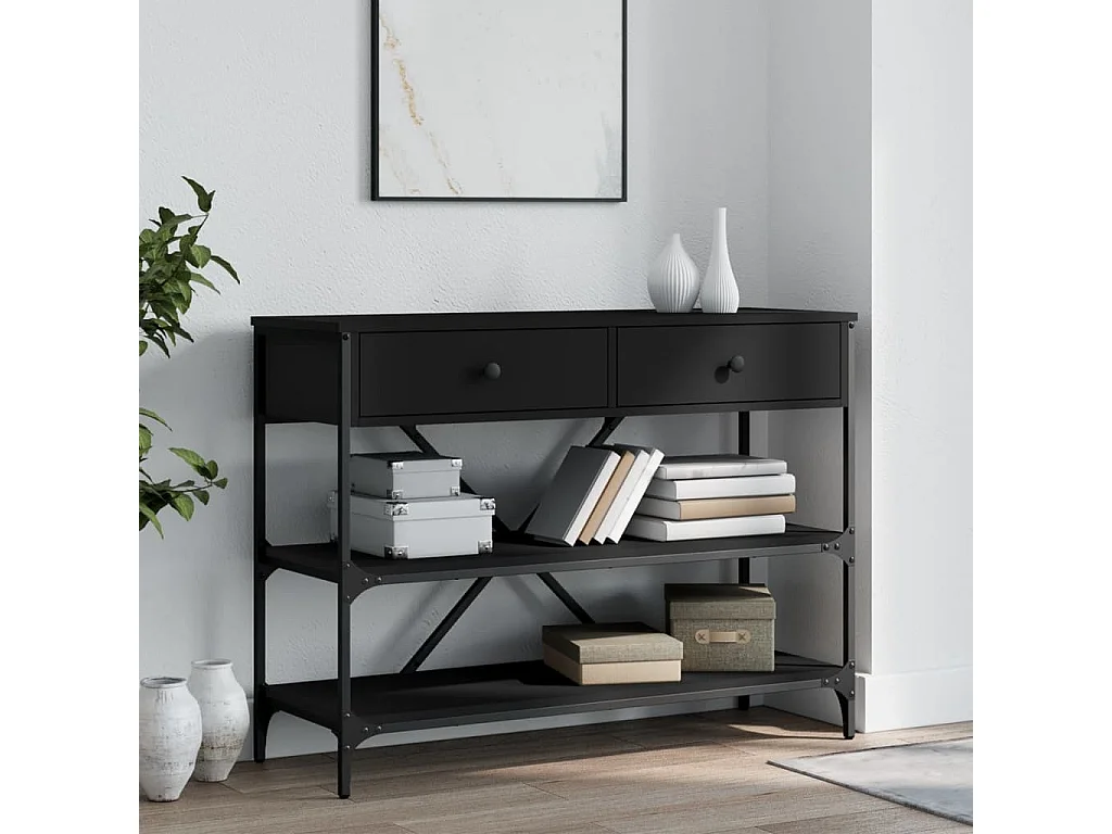 Table console avec tiroirs et étagères noir bois d'ingénierie