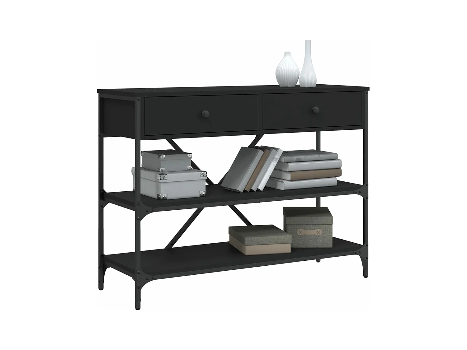 Table console avec tiroirs et étagères noir bois d'ingénierie