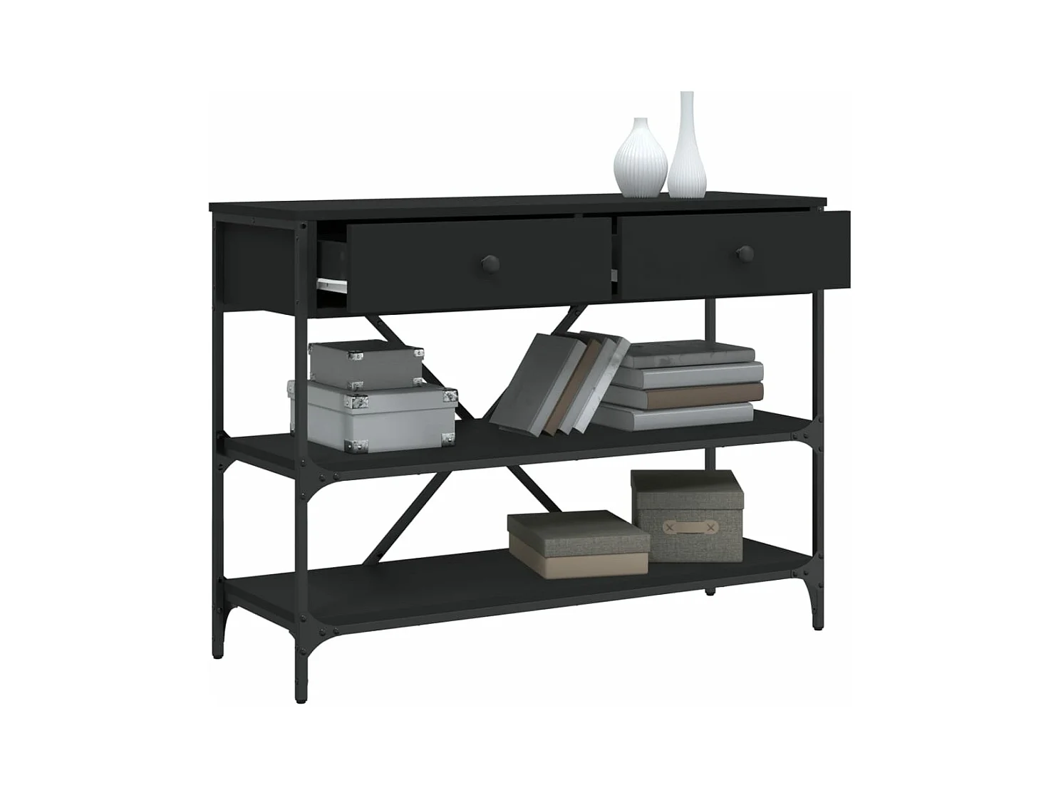 Table console avec tiroirs et étagères noir bois d'ingénierie