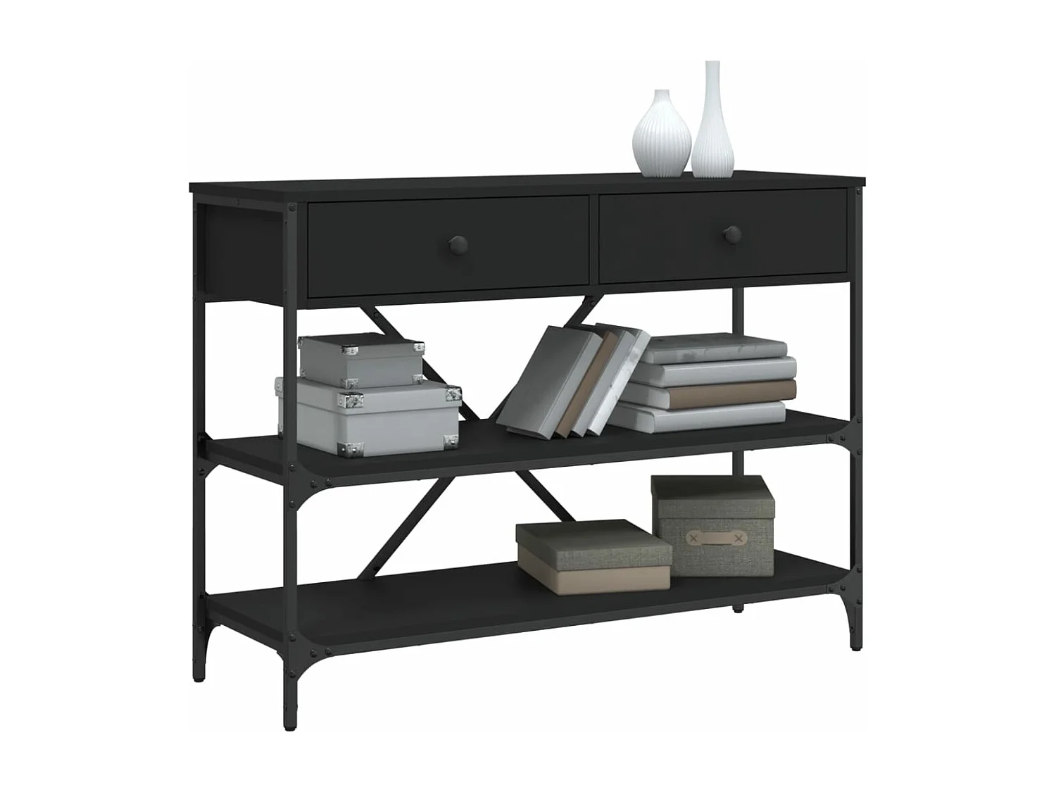 Table console avec tiroirs et étagères noir bois d'ingénierie