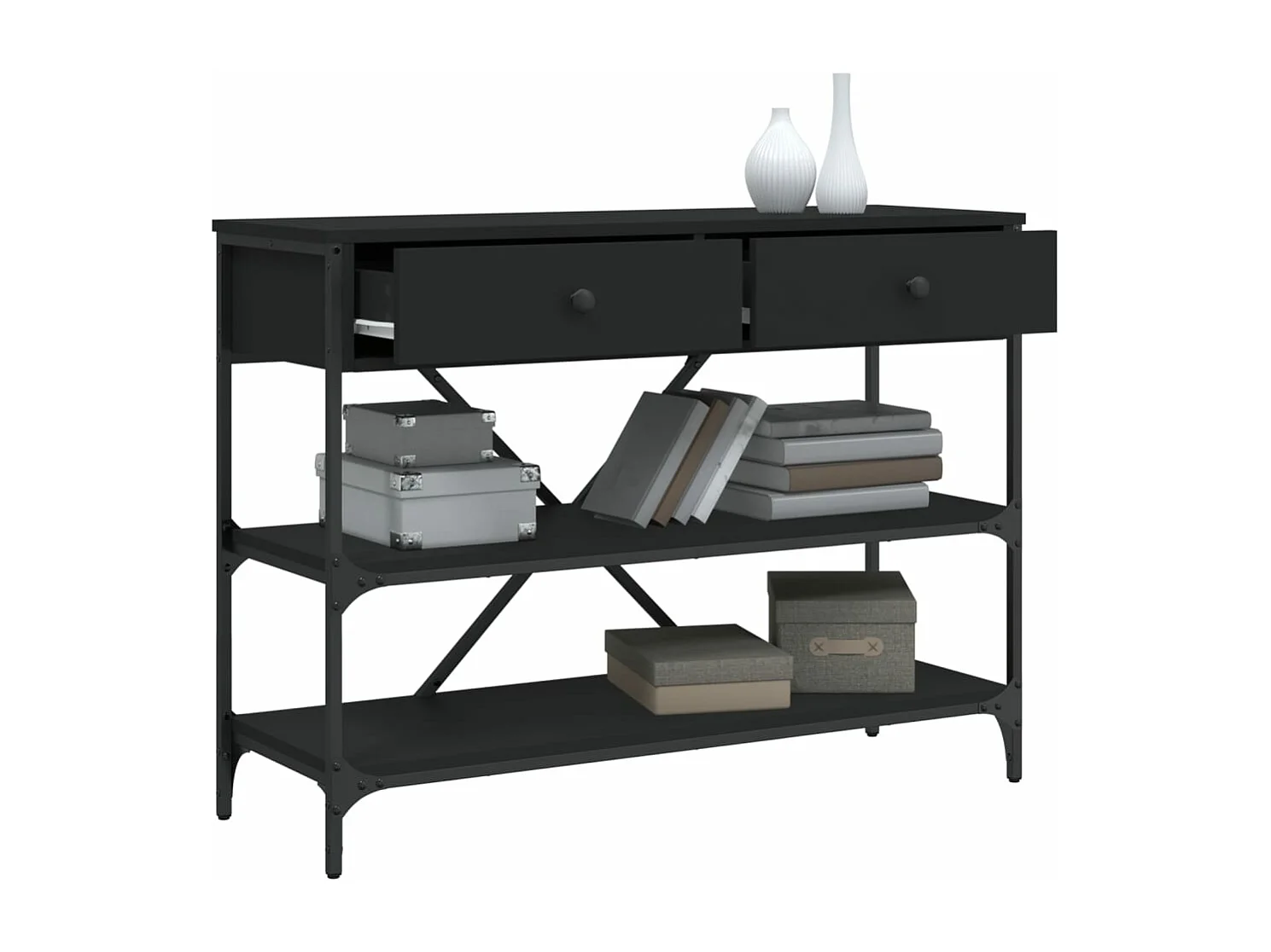 Table console avec tiroirs et étagères noir bois d'ingénierie