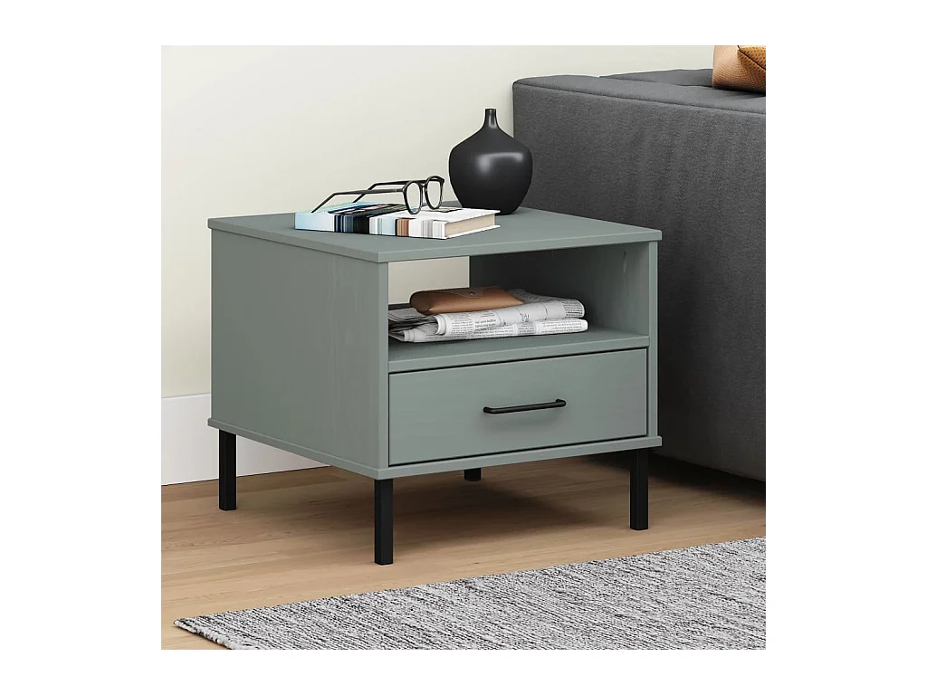 Table de chevet avec pieds en métal Gris Bois pin massif OSLO
