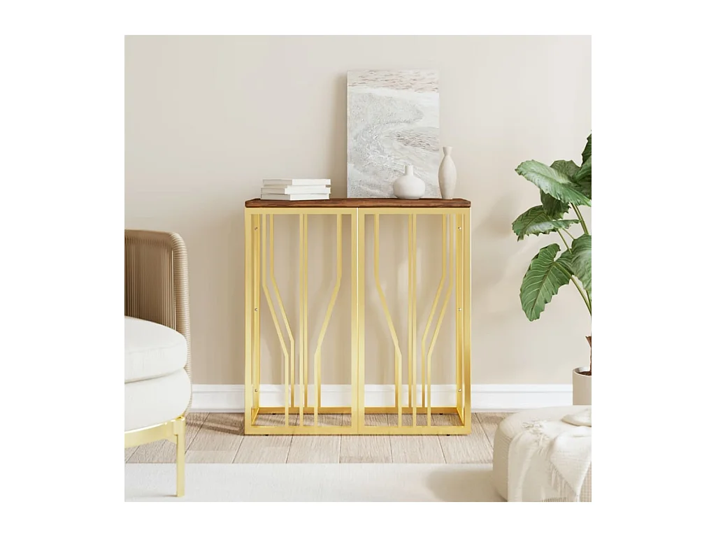 Table console doré acier inoxydable et bois massif récupération