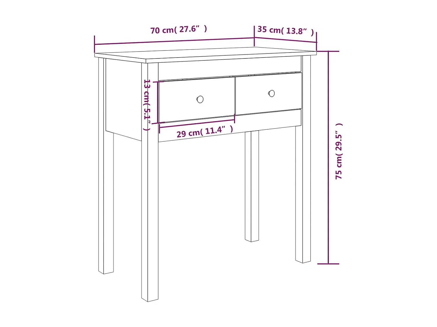 Table console Blanc 70x35x75 cm Bois massif de pin