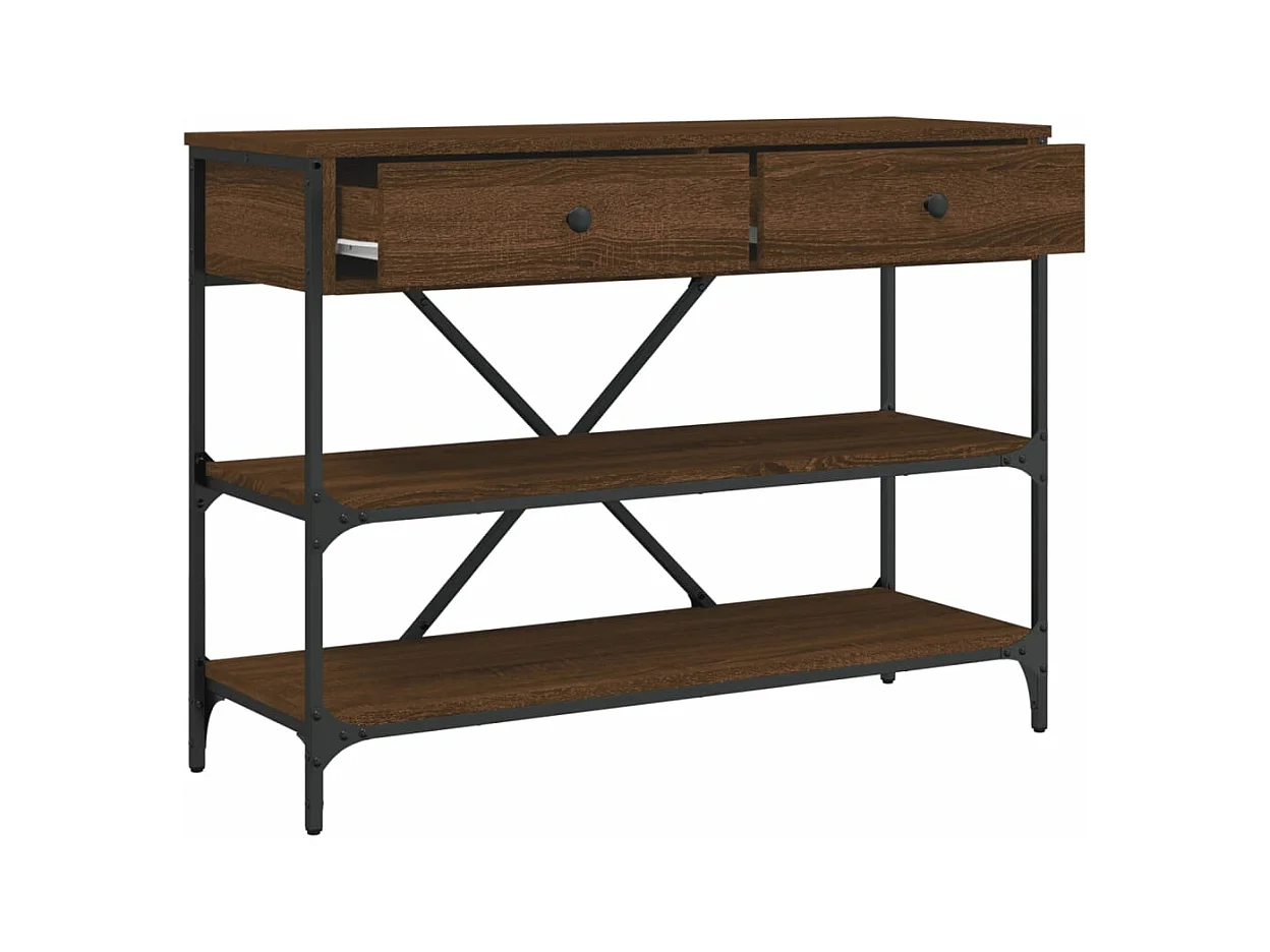 Table console avec tiroirs et étagères chêne marron