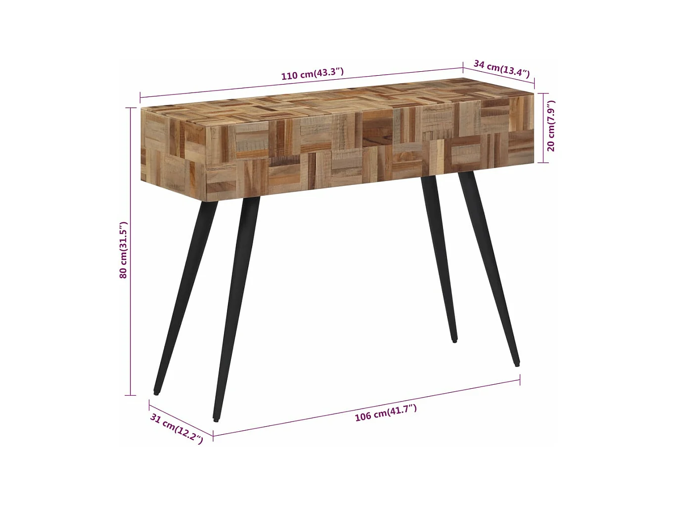 Table console 110x34x80 cm teck de récupération massif