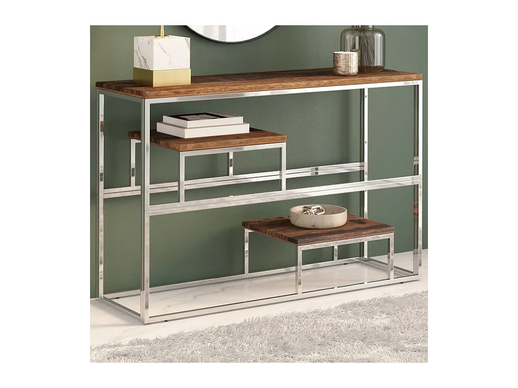 Table console argenté inox et bois de mélèze massif