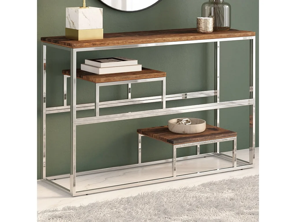 Table console argenté inox et bois de mélèze massif