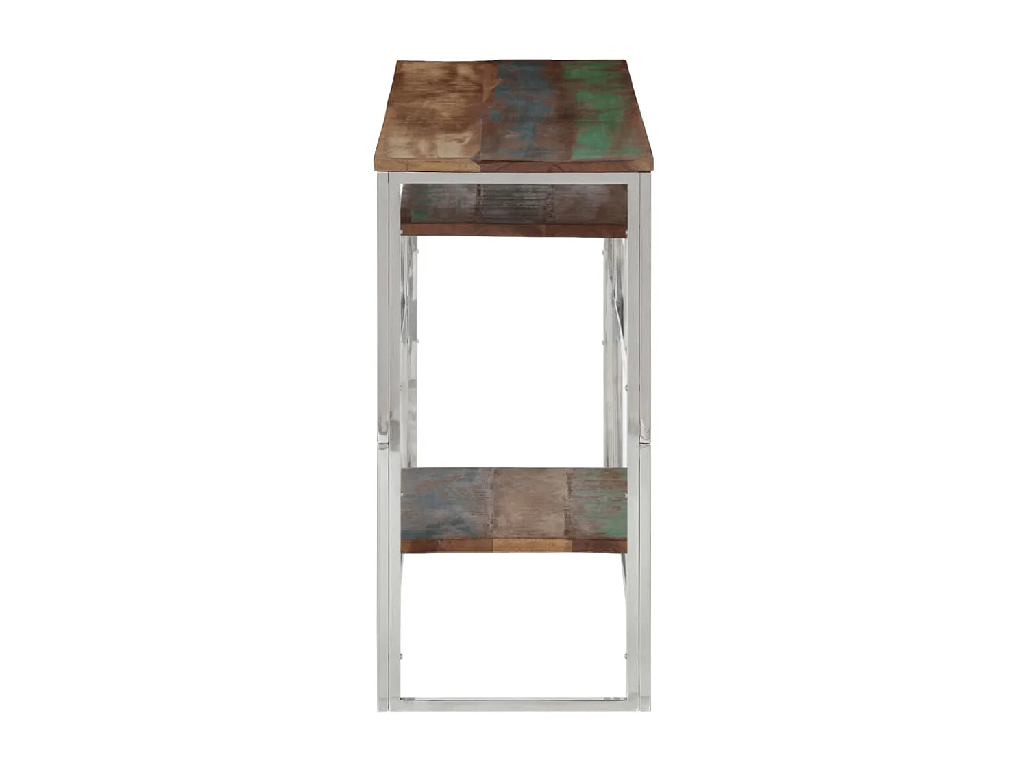 Table console argenté inox et bois de récupération massif