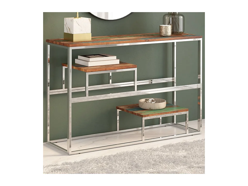 Table console argenté inox et bois de récupération massif