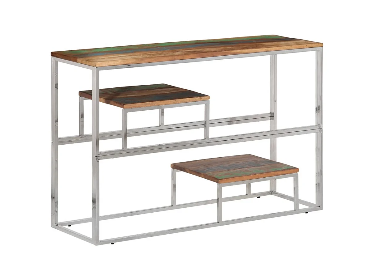 Table console argenté inox et bois de récupération massif