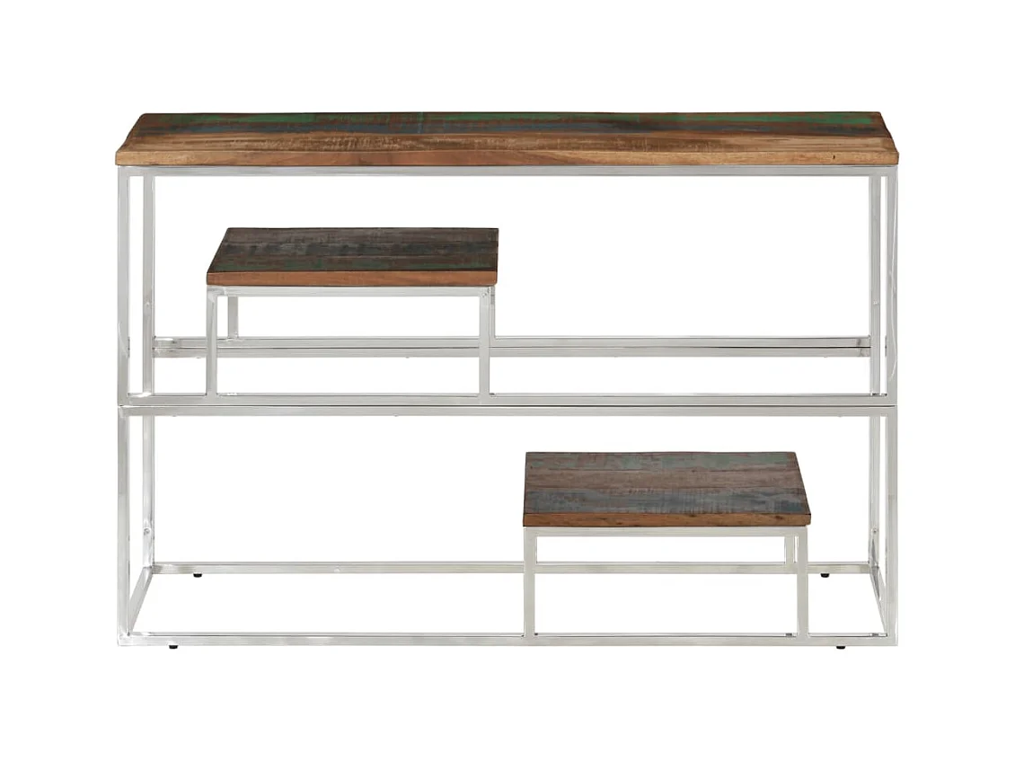 Table console argenté inox et bois de récupération massif