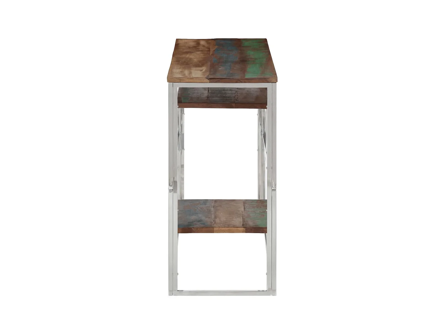 Table console argenté inox et bois de récupération massif